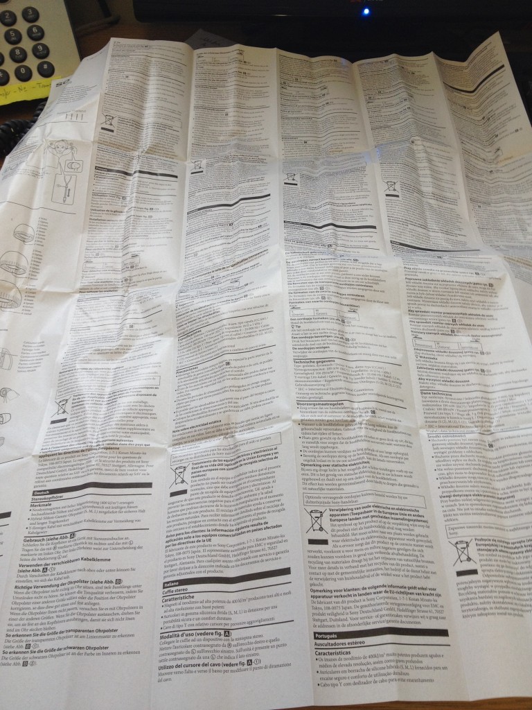 One side (of two) of the instructions for the in ear headphones I just opened!