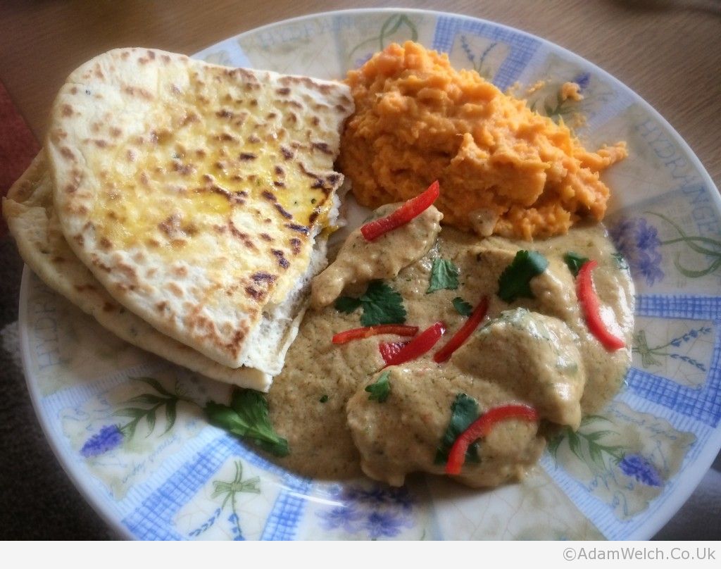 Nutty chicken curry with sweet potato mash and naan. Lovely.